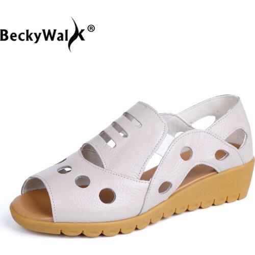 Black Sandals Women Shoes Summer Genuine Leather Soft Outsoles Non-Slip Shoes Woman Peep Toe Hollow Wedge Women Sandals WSH3363