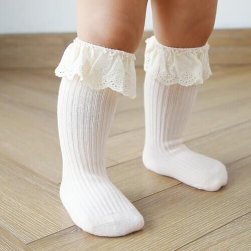 Premium Toddler Infant Baby Girls Knee High Socks with Grips Ruffled Lace Ribbed Knit Solid Color Non-Skid Cotton Long Stockings