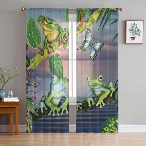 Green Leaf Branch Frog Print Sheer Window Panel Curtains Room for Living Room Bedroom Kitchen Room Chiffon Tulle Curtains
