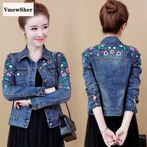 VmewSher New Autumn Spring Women Denim Jacket Floral Embroidery Long Sleeve Fashion Basic Slim Coat Casual Lady Elegant Outwear