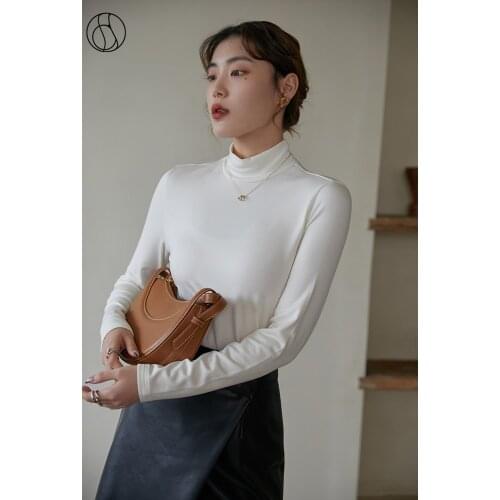 DUSHU Women Solid Half High Neck Bottoming Shirts New Winter Warm Simple Long-sleeved Top Slim-fit Black Pullovers White Tops