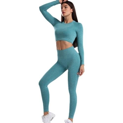 Two Piece Yoga Set Workout Gym Long Sleeve Fitness Crop Top High Waist Seamless Energy Workout Leggins Women Sport Suit Gymwear