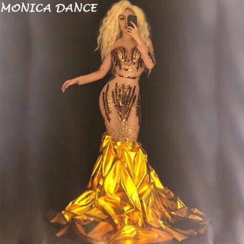 Women Sexy Net Yarn Gold Dress Sparkling Paillettes Crystals Nightclub Party Stage Wear Show Bling Costumes for Dancer Singer