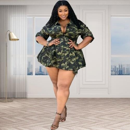 Plus Size Dresses for Women 4xl 5xl Long Sleeve Mini Dress with Lace Up Club Casual Camouflage Dress Wholesale Dropshipping