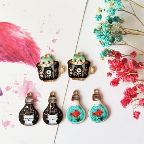 10pcs Classics Cartoon Printed Cup Cat Bulb Fish Metal Pendants Oil Drop Cats Enamel Charms DIY Earring Jewelry Accessory