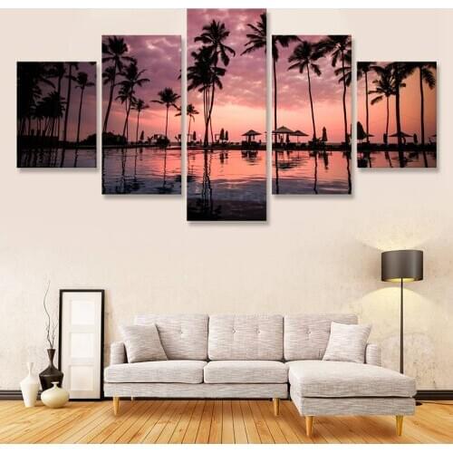 Sri Lanka Plam Trees Sunset Wall Art Painting 5 Pcs Wall Decoration Canvas Picture Modern Home Bedroom Decoration