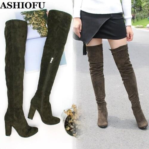 ASHIOFU Handmade Ladies Over-the-knee Boots Thick-heel Winter Party Thigh High Boots Large Size Fashion Warm Long Boots Shoes