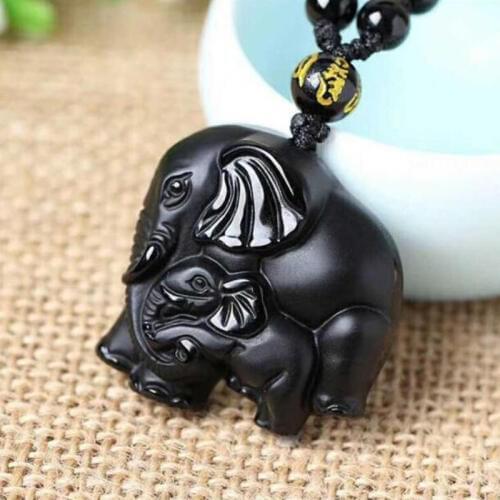 Fine Jewelry Natrual Carved Elephant Nose God of Wealth Lucky Black Obsidian Necklace Pendant