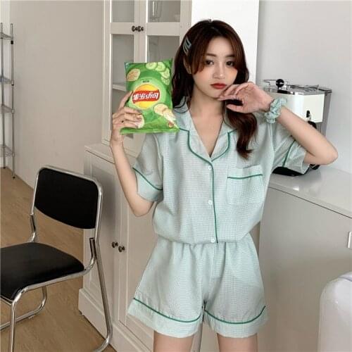 Summer Plaid Home Suit Short Sleeve Shirt + Shorts Korean Loose Casual Pajamas Set Women Green Home Clothes Kawaii Pocket 2021