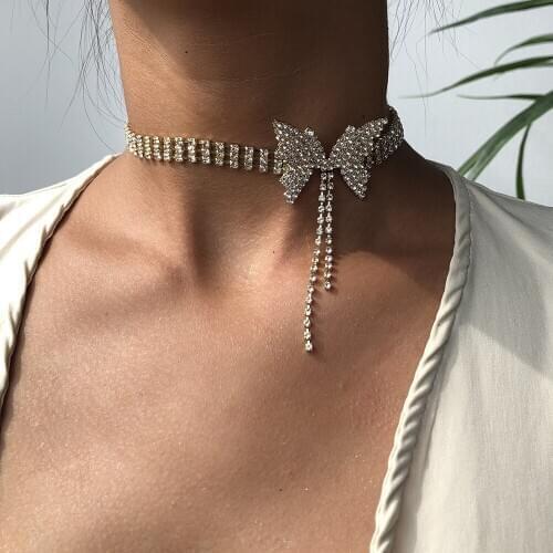 Multilayer Crystal Butterfly Necklace Chain for Women Layered Crystal Rhinestone Tassel Choker Necklace Men