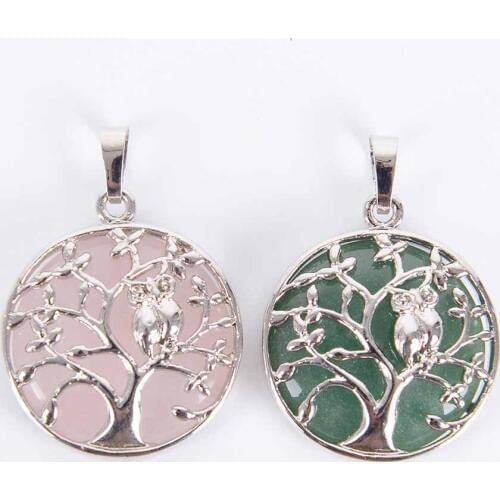 Natural Round Gem Stone Kabbalah Tree of Life Necklaces Pendants Pink Quartz White Crystal Lapis Lazuli Tiger Eye Opal D038A