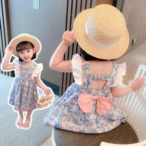 New Fashion 2021 Summer Dresses For Baby Bow Girls Cotton Children Sleeveless Clothes Flower Print Kids Clothing 2-8 Years