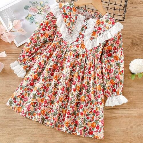 2021 New Girls Dress Autumn Floral Lapel Long Sleeve Princess Dress Girl Clothes Sweet Children Dress