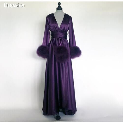 Satin Feather Robe Night Gown with Belt Hollywood Robe Vintage Outfit Birthday Party Dress