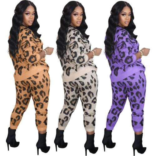 Casual Two Piece Sets Winter Hottest Ladys Lace-up Sweatpants + O-neck Long Sleeve Leopard Printing Women Pullover Outfits