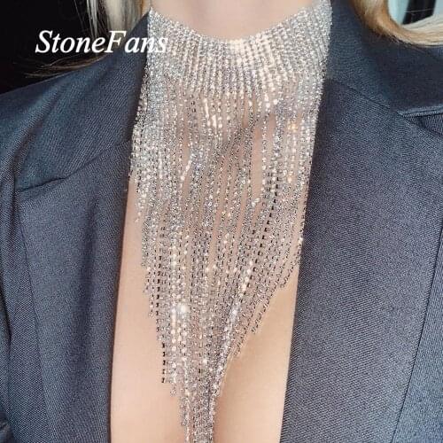 Stonefans Boho Rhinestone Long Tassel Necklace Jewellery for Women Fashion Jewelry Multilayer Necklace Charms Crystal Choker