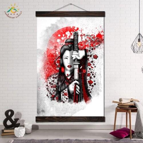Japanese Sword Kimono Woman Art Print Poster Classic Scroll Canvas Painting Wall Art Canvas Artwork Pictures for Living Room