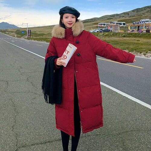 Horn Button Womens Long Parkas Hooded with Fur Ladies Thicken Cotton Padded Winter Jackets Casual Overcoat for Female 2021