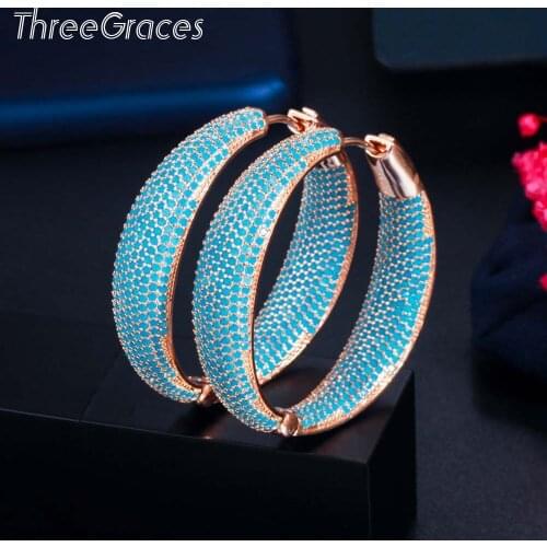 ThreeGraces New Design Women Big Circle Round Hoop Earrings Micro Pave Light Blue CZ Crystal Wedding Party Fashion Jewelry ER601