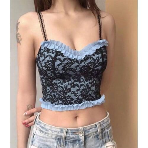Women Summer Spaghetti Strap Crop Top Sexy Double Layer Floral Lace Ruffles Camisole Harajuku V-Neck Slim Vest Shirt