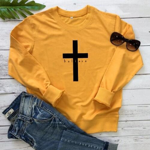 Believe Cross 100% Cotton Sweatshirt Casual Women Christian Religion Pullovers Scripture Graphic Jesus Faith Bible Sweatshirts