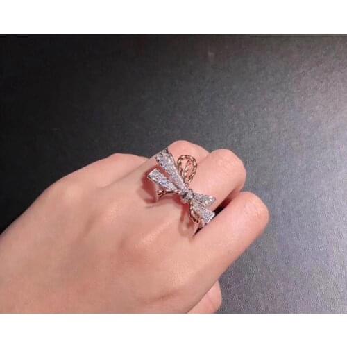 925 Sterling Silver Crystal Bowknot Rings Micro Paved CZ Stones Bow Tie finger ring Double color bow ring Female silver jewelry