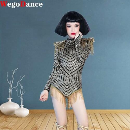 Women Sexy Sequin Long Sleeve Epaulet Tassel Bodysuit Nightclub Bar Singer Stage Wear Costume