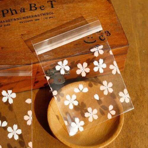 100pcs White Pink Flower Cookies Biscuits Plastic Bags Cherry Blossoms Self-adhesive Cellophane Bag Wedding Cake Candy Gift Bags