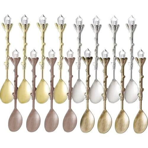 16 Pcs Retro Crystal Head Branch Carved Alloy Small Spoon Creative Mug Spoon Coffee Ice Cream Spoon Carved Spoon