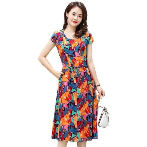 2020 summer new cotton dresses womens slim plus size XL-6XL Medium long sexy Slim print dress female 23 color optional