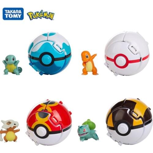4Pcs/Set Pokemon Elf Ball Anime Figure Pikachu Bulbasaur Squirtle Cubone Pet ​Pokeball Deformation Model Pocket Monster Toy Gift