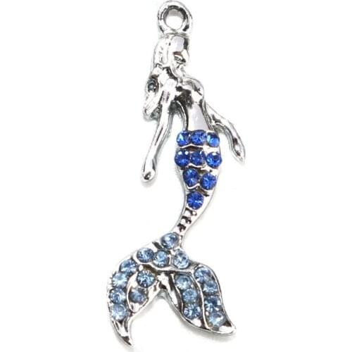 DoreenBeads Fashion Zinc Based Alloy Pendant Mermaid Rainbow Silver Color Blue Rhinestone Charms Jewelry DIY Findings, 2 PCs