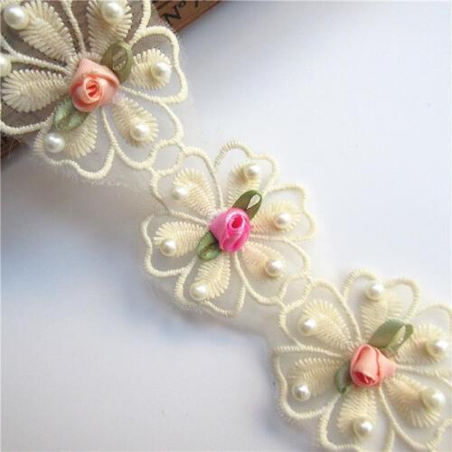 10pcs Vintage Lace Rose Flower Pearl Trim Cotton Ribbon Fabric Embroidered Applique Wedding Dress Sewing Supplies Craft