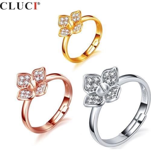 CLUCI 925 Sterling Silver Women Flower Ring for Jewelry Adjustable Pearl Ring Mounting Silver 925 Zircon Rings SR2244SB