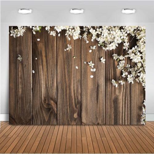 Mocsicka Rustic Floral Wood Photography Backdrop White Flowers Background Retro Wooden Background Wedding Bridal Shower Backdrop