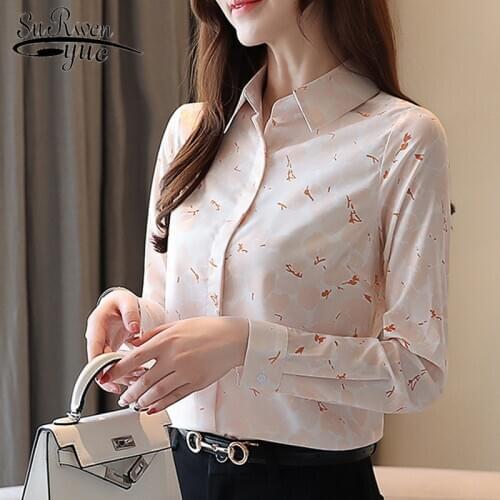 Fashion Turn-collar Long Sleeve Print Shirt Women Slim Office Lady Silk Blouse Button Up Shirts Elegant Tops Blusas 8352 50