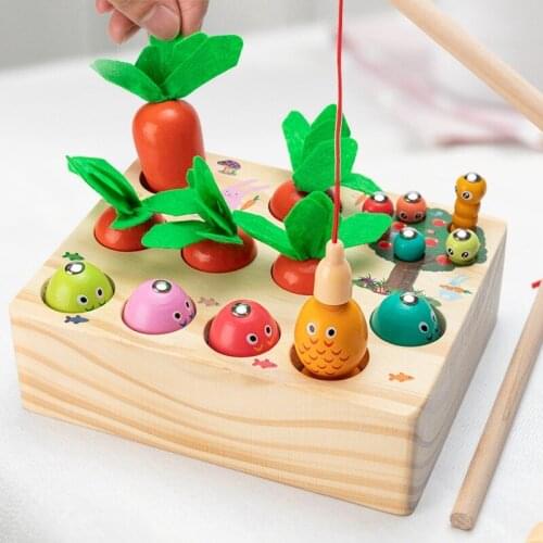 Carrots Harvest Catching Worms Fishing Game Wooden Sorting Toys for Toddlers for Preschool Kids 3 Years Old