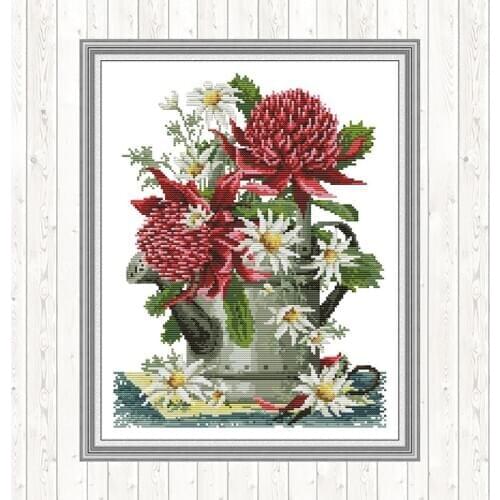 Flowers and Water Pots DMC Cotton Thread Printed Canvas 14ct 11ct Count Needlework Embroidery Cross Stitch Sets DIY Handmade Kit