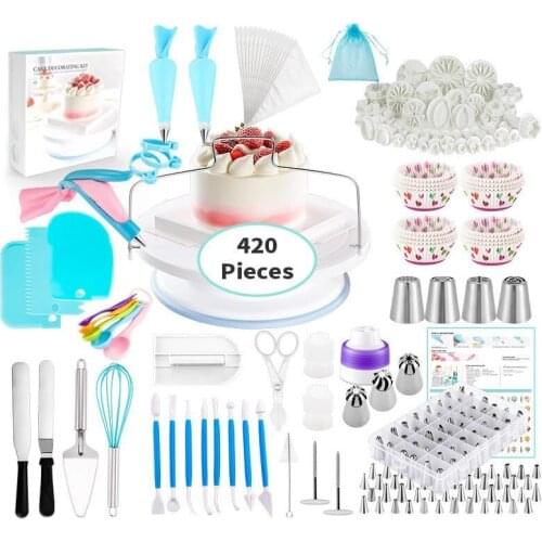420pcs Cake Decorating Tools Kit Icing Tips Turntable Pastry Bag Coupler Cream Nozzle Baking Tools Set for Cupcakes Kitchen Tool
