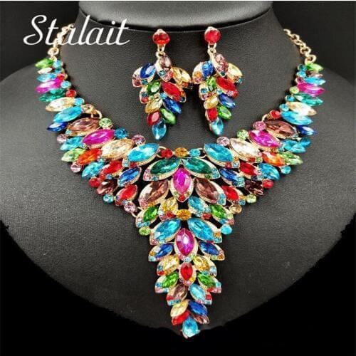 Charm Full Colorful Crystal Wedding Jewelry Necklace Earrings Feather Shape Long Necklace Bridal Jewelry Valentines Day Gifts