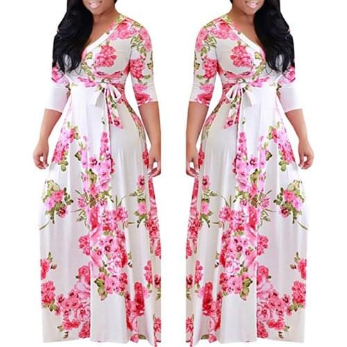 Autumn Womens Dress Fashion V-neck Print Waist Long Sleeve Dresses Sexy Bohemian Party Womens Large Size S-5xl Vestidos Largos