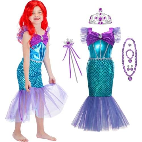 Little Mermaid Ariel Princess Cosplay Dress Sequins Fancy Girls Clothes Fish Scale Beach Clothes Birthday Gift