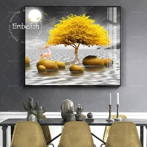 Embelish Golden Tree And Stone On Lake Landscape HD Spray On Canvas Paintings For Living Room Home Decor Wall Art Picture Poster