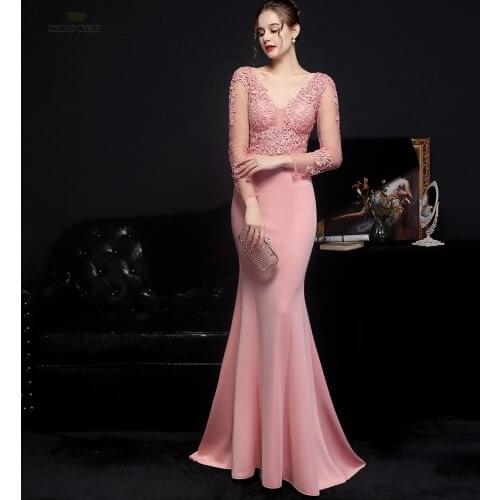 Evening Dress V-Neck Mermaid Dresses Woman Party Night Evening Dresses Long Beading Appliques Evening Dresses with Sweep Train