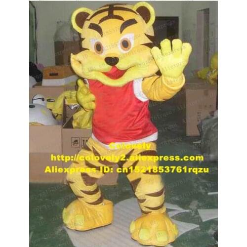 Bright Yellow Tiger Tigerkin Tigress Mascot Costume Cartoon Character Mascotte Brown Circle Ears Big Shoes Red Weskit ZZ1014 FS