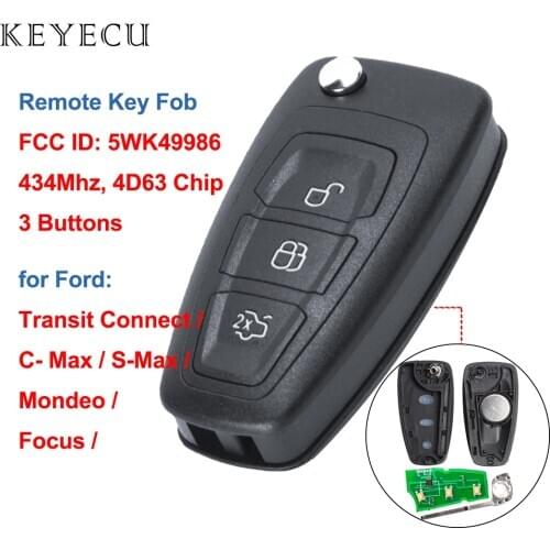 Keyecu Replacement Remote Key Fob 3 Button for Ford C-Max S-Max Focus MK3 Grand Mondeo 2010-2018 434MHz 4D63 Chip 5WK49986