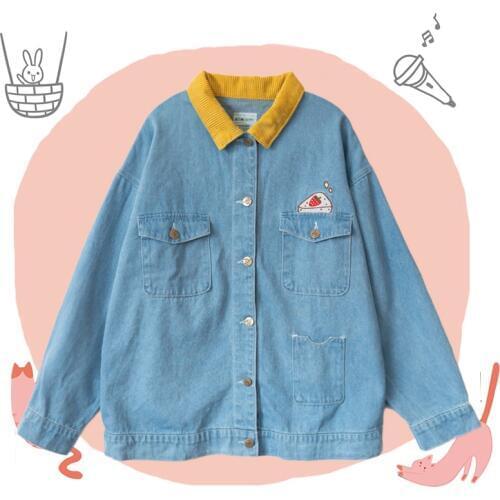 2019 Strawberry Cake Embroidery Womens Jeans Jacket Long Sleeve Pockets Cute Outwear Yellow Collar Kawaii Girls Spring Coat