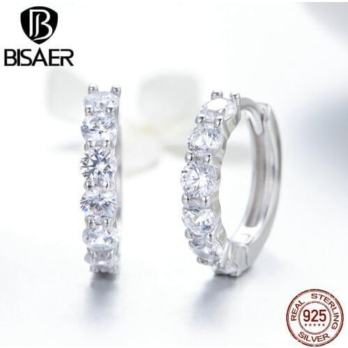 BISAER Classic 925 Sterling Silver Round Circle Stud Earrings for Women Cubic Zircon Small Earrings 925 Silver Jewelry ECE524