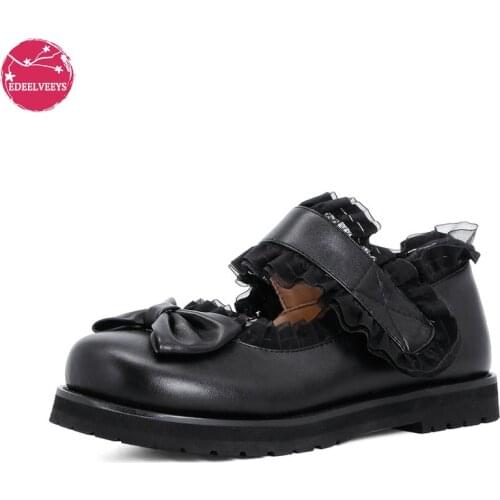 Womens Black Mary Jane Platform Lolita Flat Flats Shoes for Women Classic Bow Lace Square Toe Thick Low Heel Lovely Flat Lolita