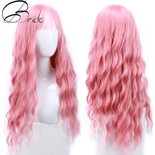 BRIDE HAIR Synthetic Wig For Women Pink Wigs With Neat Bangs Heat Resistant Fake Hair Cosplay Long Wavy wig Lolita Wig With Cap